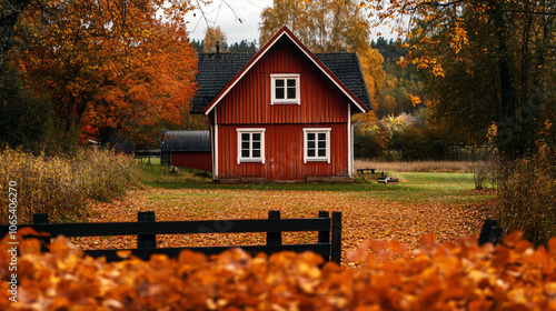 A traditional wooden farmhouse with a vibrant red barn in the background, set in autumn foliage.