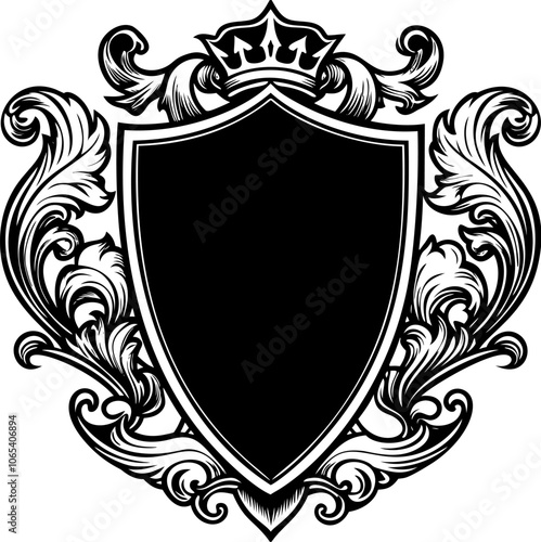Heraldic shield with royal floral ornament. Vintage crest sign or coat of arms
