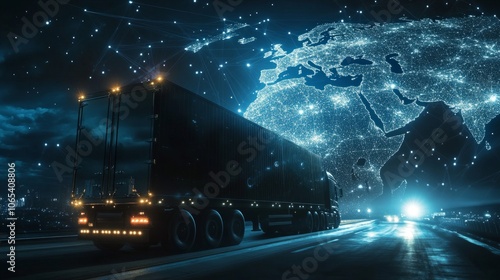 Semi-trailer truck driving at night delivering around the world with global network connection showing international trade and logistics.
