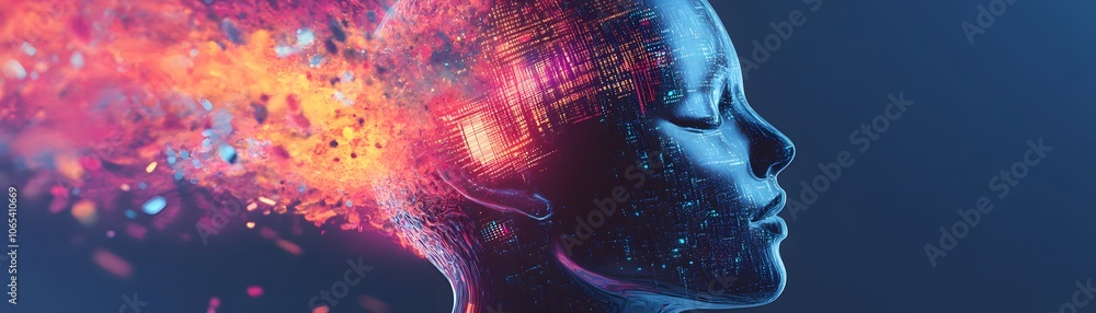 Naklejka premium Digital Human with Exploding Code and Data