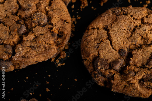 Unas galletas cookies en primer plano, mostrando de cerca su textura crujiente y las irresistibles pepitas de chocolate derretido. Un dulce clásico perfecto para cualquier ocasión. photo