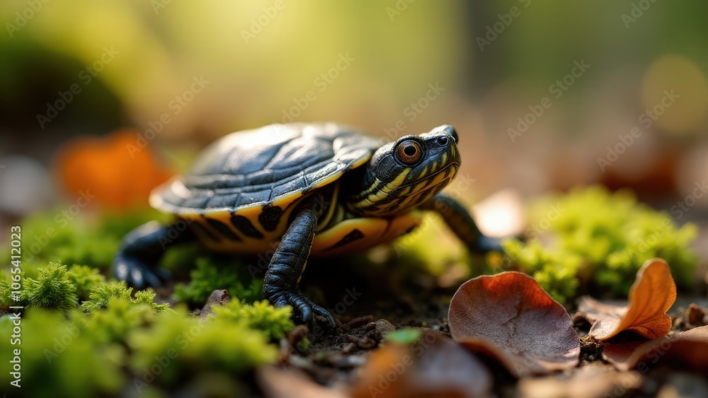 Curious baby box turtle on the forest floor, its shell blending with natural surroundings Curious baby box turtle on the forest floor, its shell blending with natural surroundings