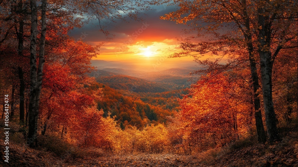 View of the autumn forest in mountains on sunset. View of the autumn forest in mountains on sunset.