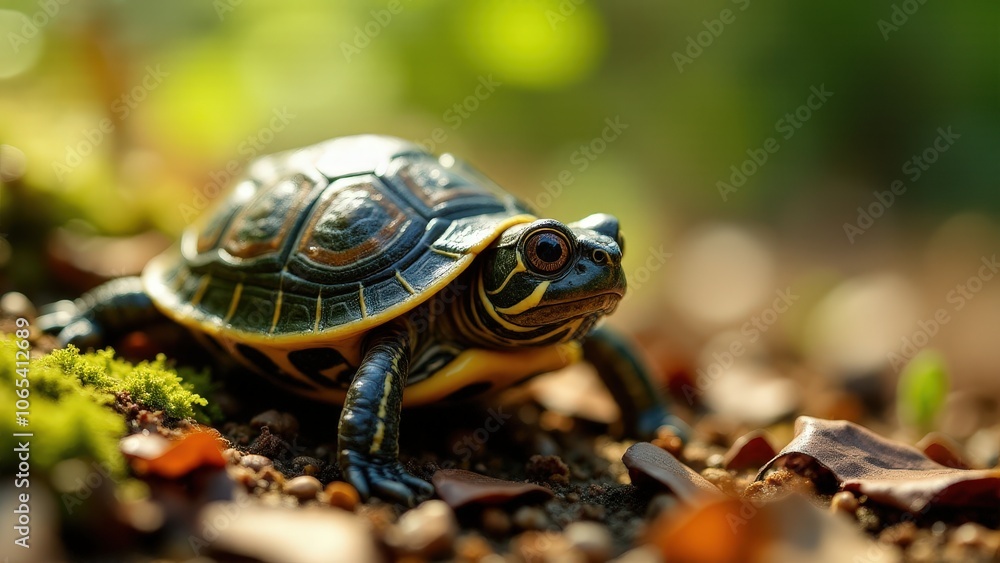 Obraz premium Baby box turtle nestled on a green moss background, its small size highlighting the forest details
