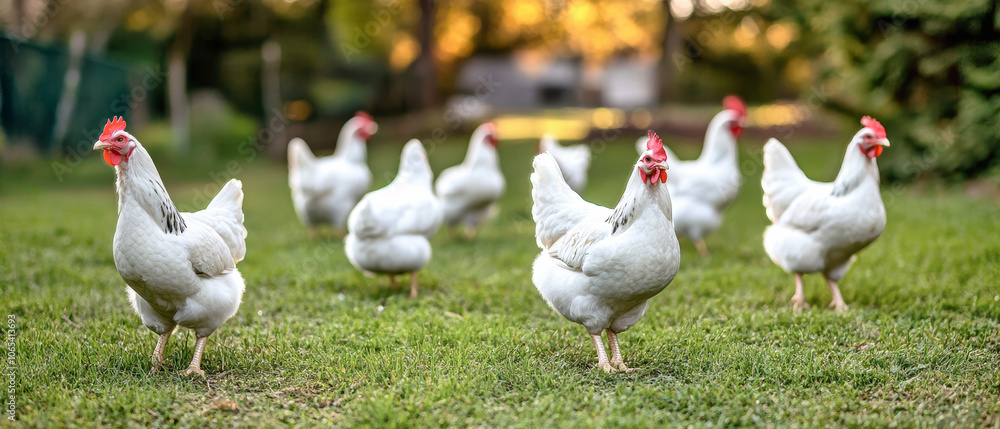 Fototapeta premium A serene view of a vibrant chicken farm at sunset featuring numerous white chickens grazing in lush green grass