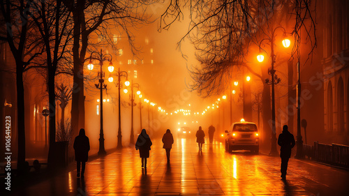 A city street illuminated by glowing streetlights photo