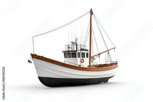 A detailed view of a traditional fishing boat showcasing its wooden design and sturdy structure against a white background. photo