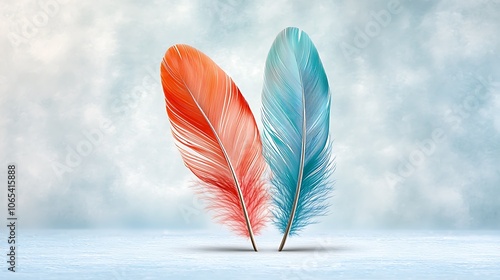 Two vibrant feathers in a beautiful combination of coral and teal stand out against a light blue textured background, adding a touch of whimsy to any project. photo