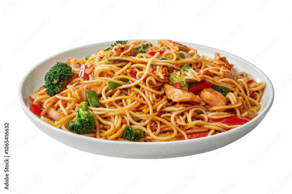 Plate of mixed noodles with chicken, broccoli, and bell peppers Plate of mixed noodles with chicken, broccoli, and bell peppers