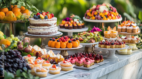 Creative Display of Intricately Designed Cakes and Pastries, Artfully Arranged on a Marble Tabletop with Colorful Fruit and Edible Flowers for Added Elegance photo