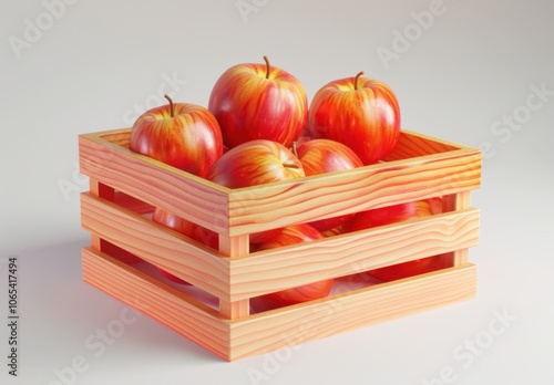 Cartoonish orange wooden fruit box with red apples in 3D style