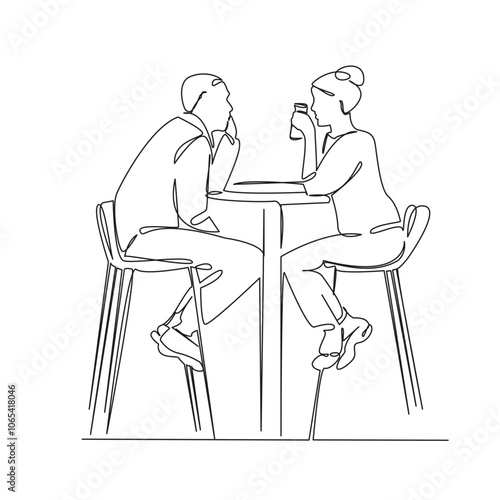 One continuous single drawing line art flat doodle woman and man sitting in a cafe, lovers, communication, flirting, friendship, eating. Isolated image hand draw contour on a white background