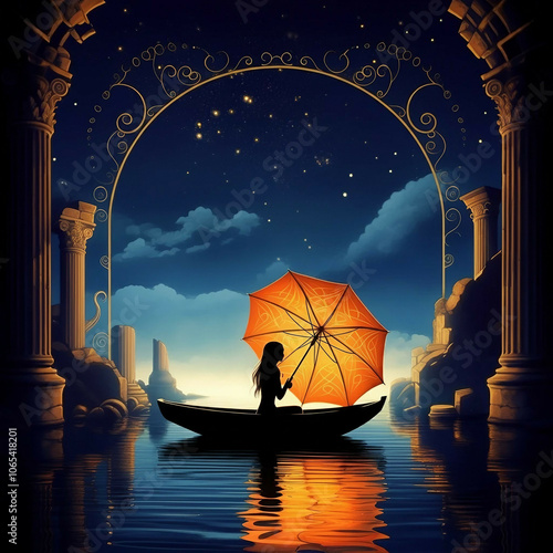 Girl in boat with a big orange umbrella. Girl, floating in a boat on a starry night. Romantic illustration, postcard, or background.