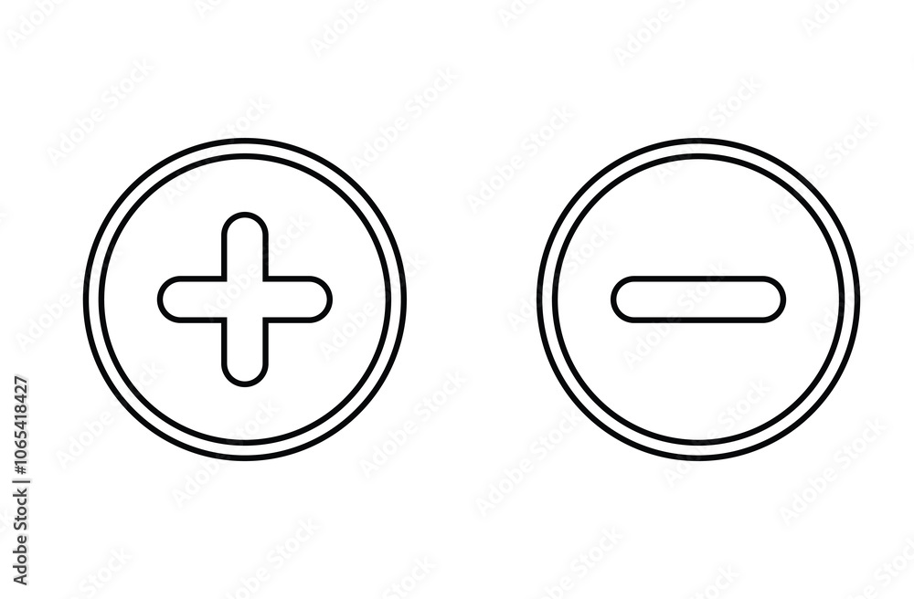 Obraz premium Plus and minus icon outline vector. Plus and Minus icon shape button set. Add, zoom, cross, positive logo symbol. vector of simple plus and minus signs. Vector illustration. Eps file 31.