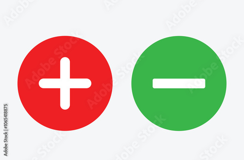 Plus and minus icon set. Math symbol. Cancel, delete, exit negative line sign. Calculator button, business finance concept in vector on white background. Eps file 35.