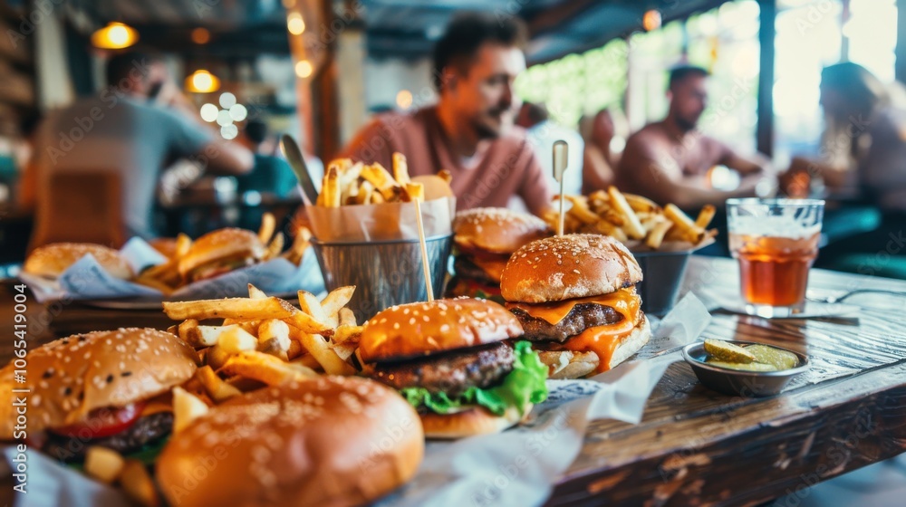 Fototapeta premium A family having a casual dinner of burgers and fries, with a relaxed, fun atmosphere