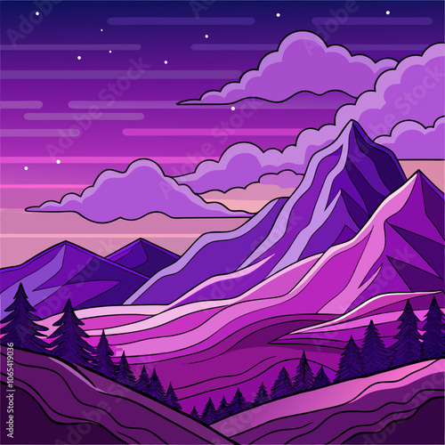 A vibrant illustration of a mountainous landscape bathed in purple hues, featuring a majestic peak, rolling hills, and a cloudy twilight sky.