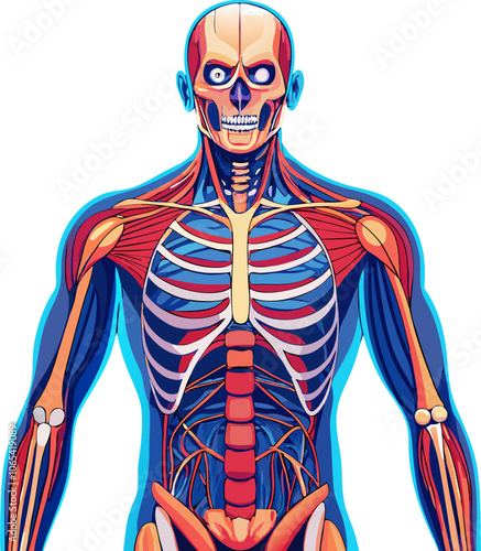 A detailed anatomical illustration showcasing the human skeletal and muscular systems. This vibrant and intricate artwork is perfect for educational purposes, medical illustrations.