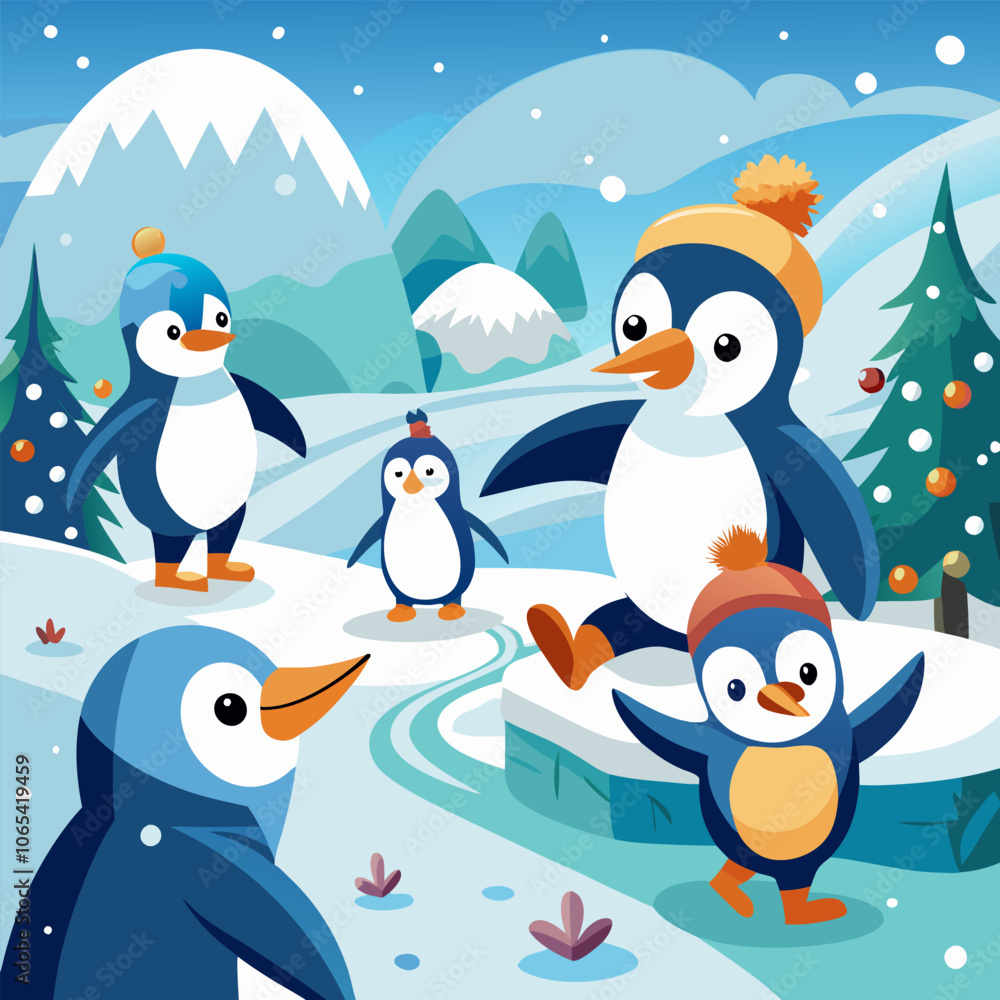 Obraz premium Cute illustration of a group of penguins enjoying the winter wonderland. Perfect for children's books, holiday cards, or winter-themed designs.