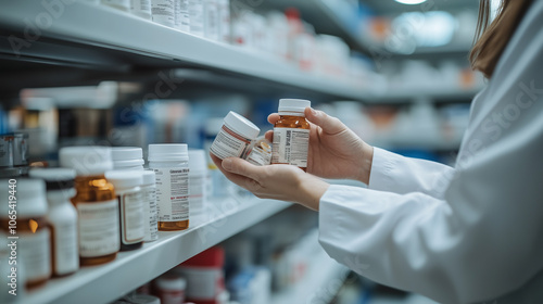 Pharmacist searching dor medication on shelf, with various medical products, clean and organized bottles, vitamins and pills