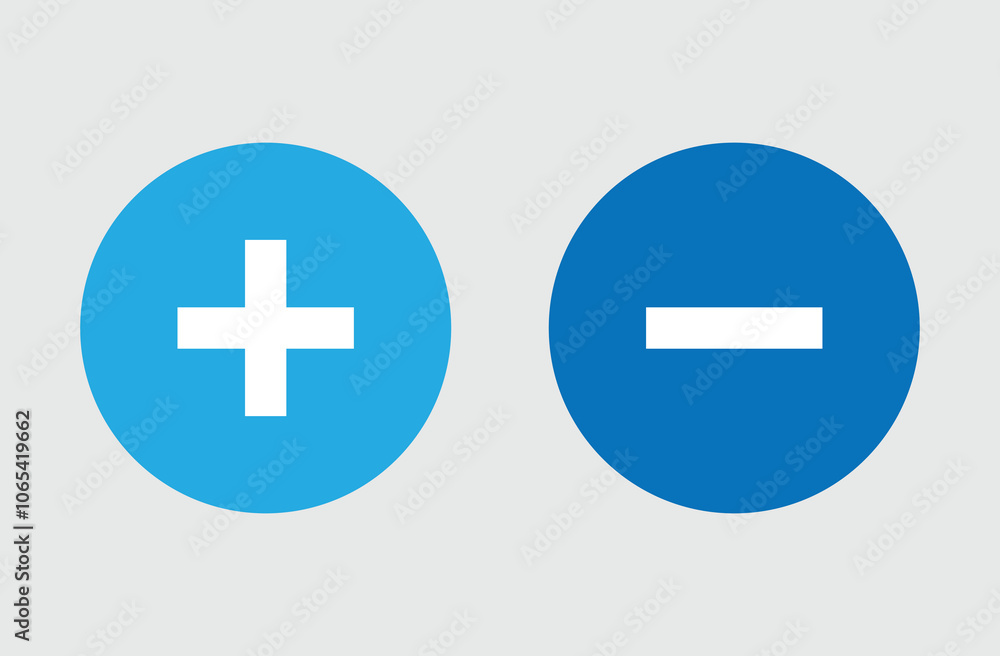 Fototapeta premium Blue round plus minus icon vector illustration design on grey background. Buttons. Simple color vector illustration. Eps file 44.