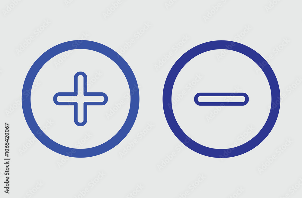 Obraz premium Plus and Minus icon shape button set. Add, zoom, cross, positive logo symbol. Plus and minus icon outline vector. vector of simple plus and minus signs. Vector illustration. Eps file 49.