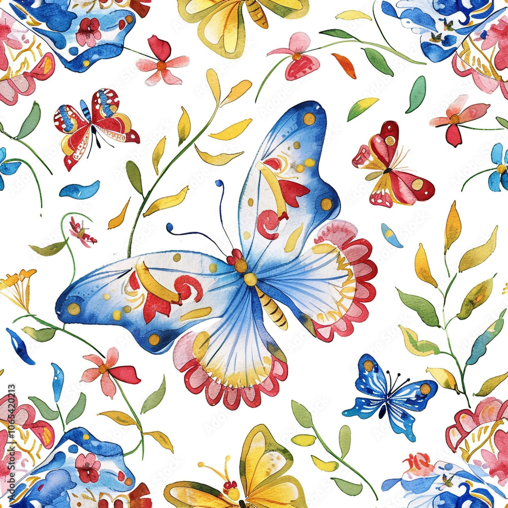 Obraz premium A butterfly patterned wallpaper with a variety of butterflies in different colors. The butterflies are surrounded by flowers and leaves. 