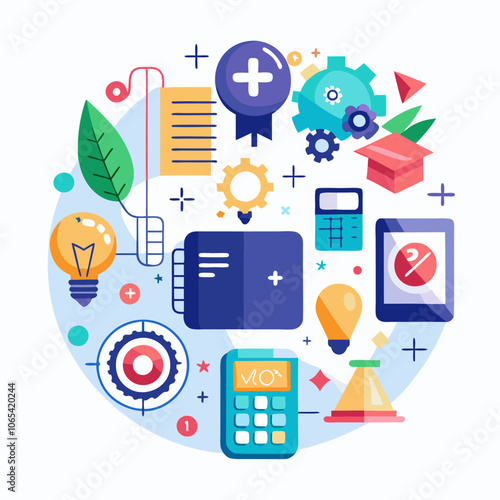 Colorful illustration showcasing the concept of success through various elements like gears, a calculator, a light bulb, and a graduation cap. Perfect for visualising achieving goals.