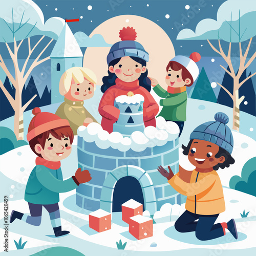 A delightful illustration of children building a snow fort in the winter, perfect for adding a touch of warmth and joy to your projects. This whimsical scene is ideal for holiday cards.