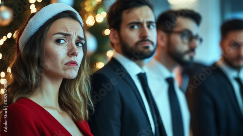 A group of work colleagues both male and female look shocked or disapproving at someone off camera whilst attending an office Christmas party, wide aspect ratio 16:9 photo