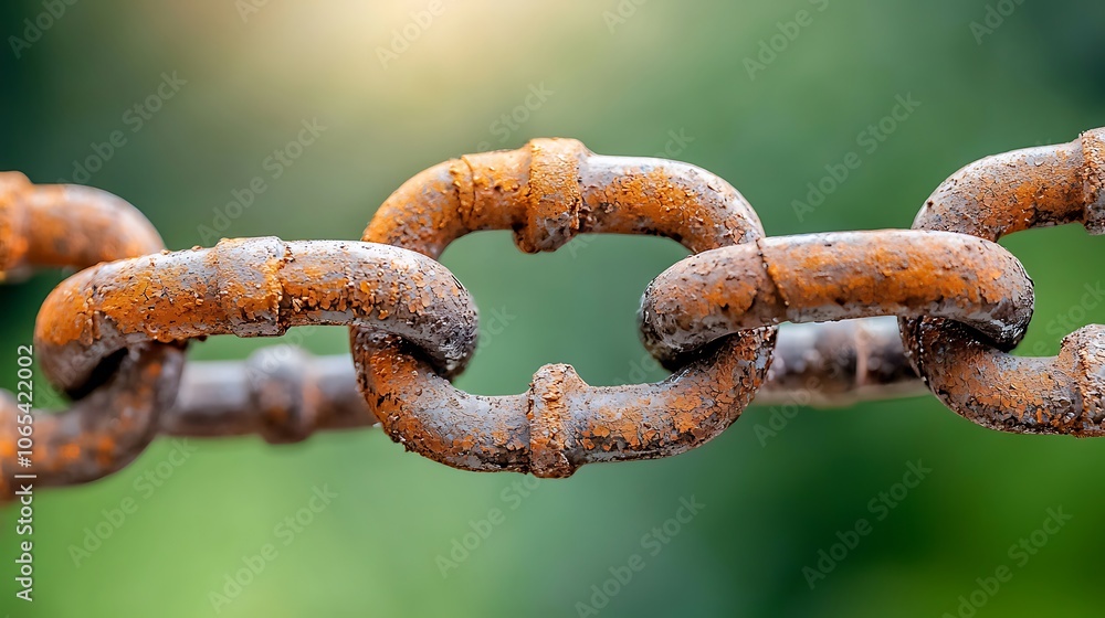 Fototapeta premium A close up image of a rusty metal chain covered in orange brown oxidation, with visible flaking and deterioration due to prolonged exposure to moisture and air.