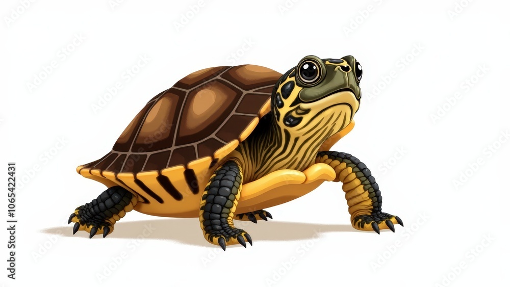 Fototapeta premium Cute baby box turtle with a patterned shell, depicted on a clean, minimalist white background