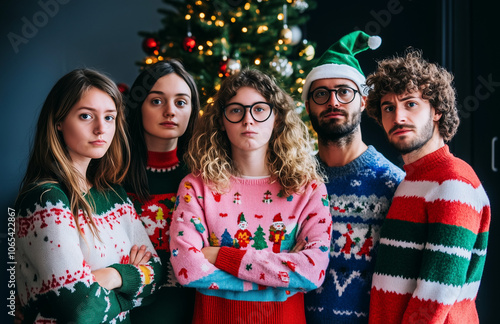 A team of work colleagues wearing Xmas sweaters look to camera with a sense of awkwardness or boredom at the office christmas party,, wide landscape format 16:9 photo