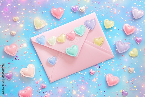 Cute Pastel Envelope with Heart Stickers on Blue Background