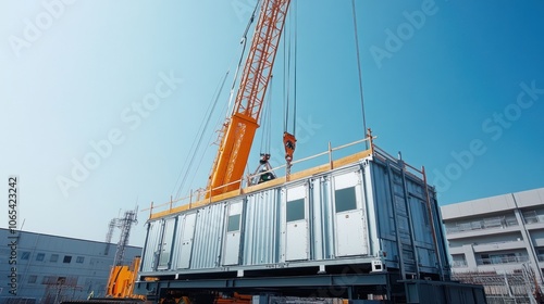 A large crane lifting a modular building unit with a worker standing on top, set against a clear sky at a construction site.