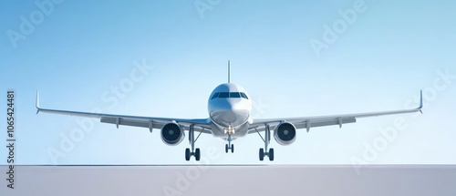 A white airplane is taking off from the runway