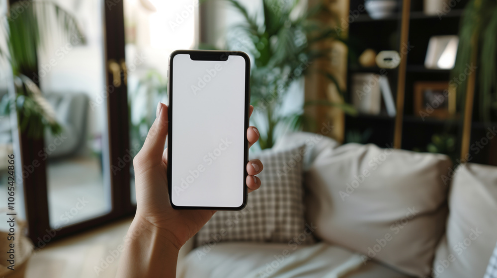 hand holding phone with blank white screen. The background is living room, face video concept smartphone hand holding phone with blank white screen. The background is living room, face video concept smartphone