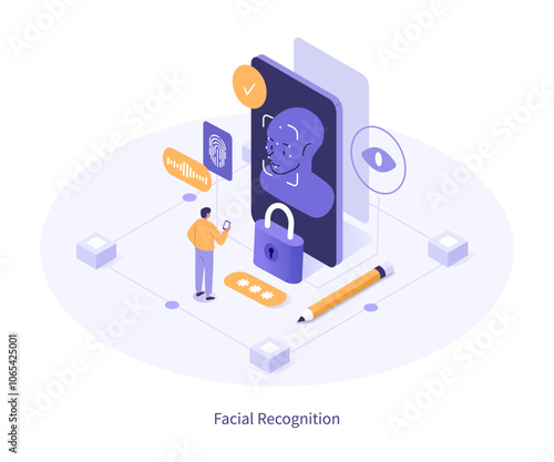AI facial recognition, biometric authentication, verification infographic template. Fingerprint scan, face, eye iris identification technology. Id security. Isometric vector illustration.