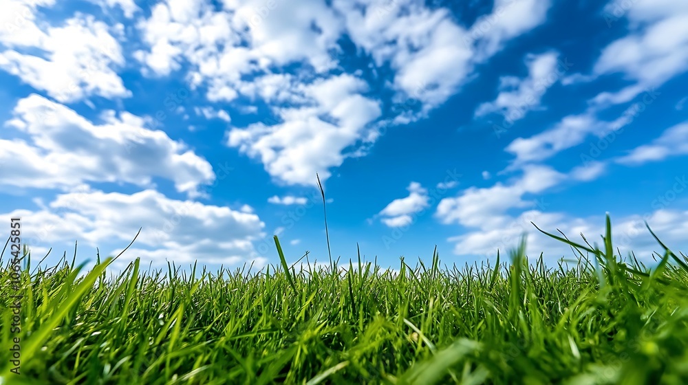 Obraz premium Lush Green Grass with a Blue Sky and White Clouds