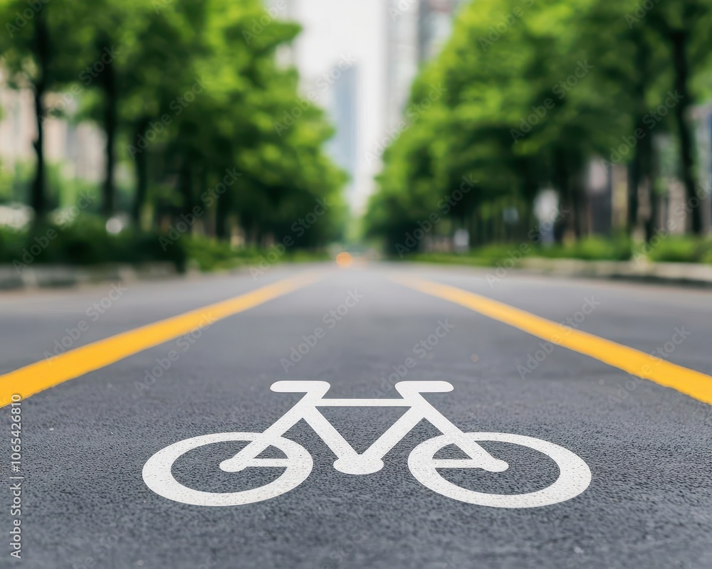 Obraz premium Busy city street with bicycle path, lined with trees, ecoconscious commuters, daytime