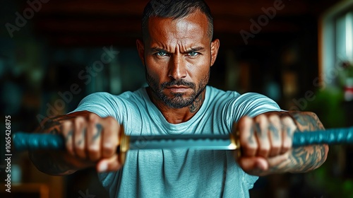 Focused man holding a katana, indoors, intense expression, martial arts practice.