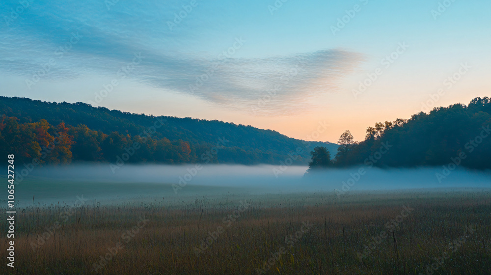 Fototapeta premium A tranquil morning scene of fog rising from a field, creating a soft, soothing atmosphere.