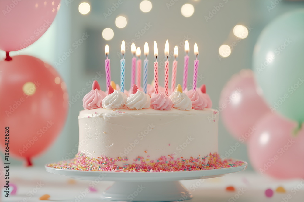 A birthday cake multicolored paper streamers and balloons, confetti, layout with copy space A birthday cake multicolored paper streamers and balloons, confetti, layout with copy space