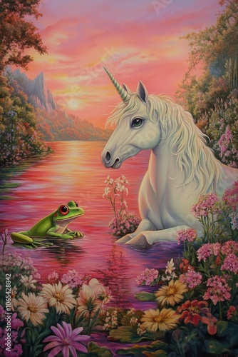 A unicorn converses with a large green frog by a glossy pink and red river at sunrise photo