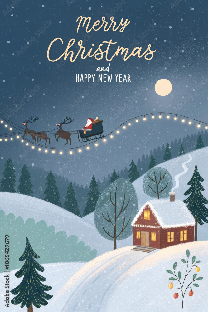 Fototapeta premium Generative AI Illustration of a festive Christmas and New Year scene featuring Santa Claus, snowy village houses, Christmas trees, and a night sky with falling snow. The words 'Christmas and 