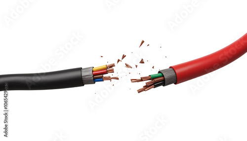 Broken electrical wires with exposed copper conductors