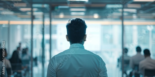 Indian Man Giving Presentation in Modern Office Space, Blurred Audience Listening from Behind photo