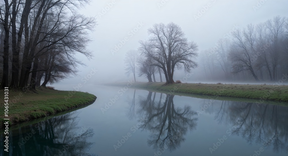 Foggy river with mirrored trees calm water and mist Foggy river with mirrored trees calm water and mist