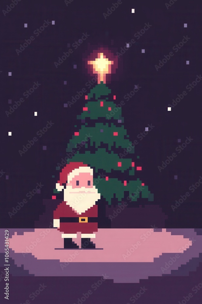 Fototapeta premium Pixel art Santa Claus with festive Christmas tree starry night