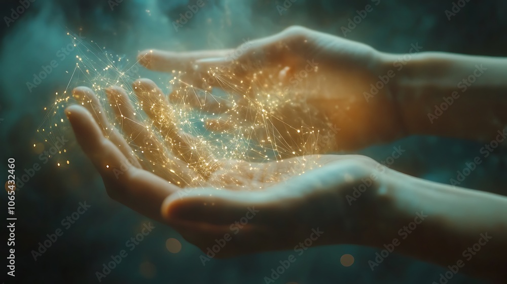 Fototapeta premium Hands embrace magical light and energy flow